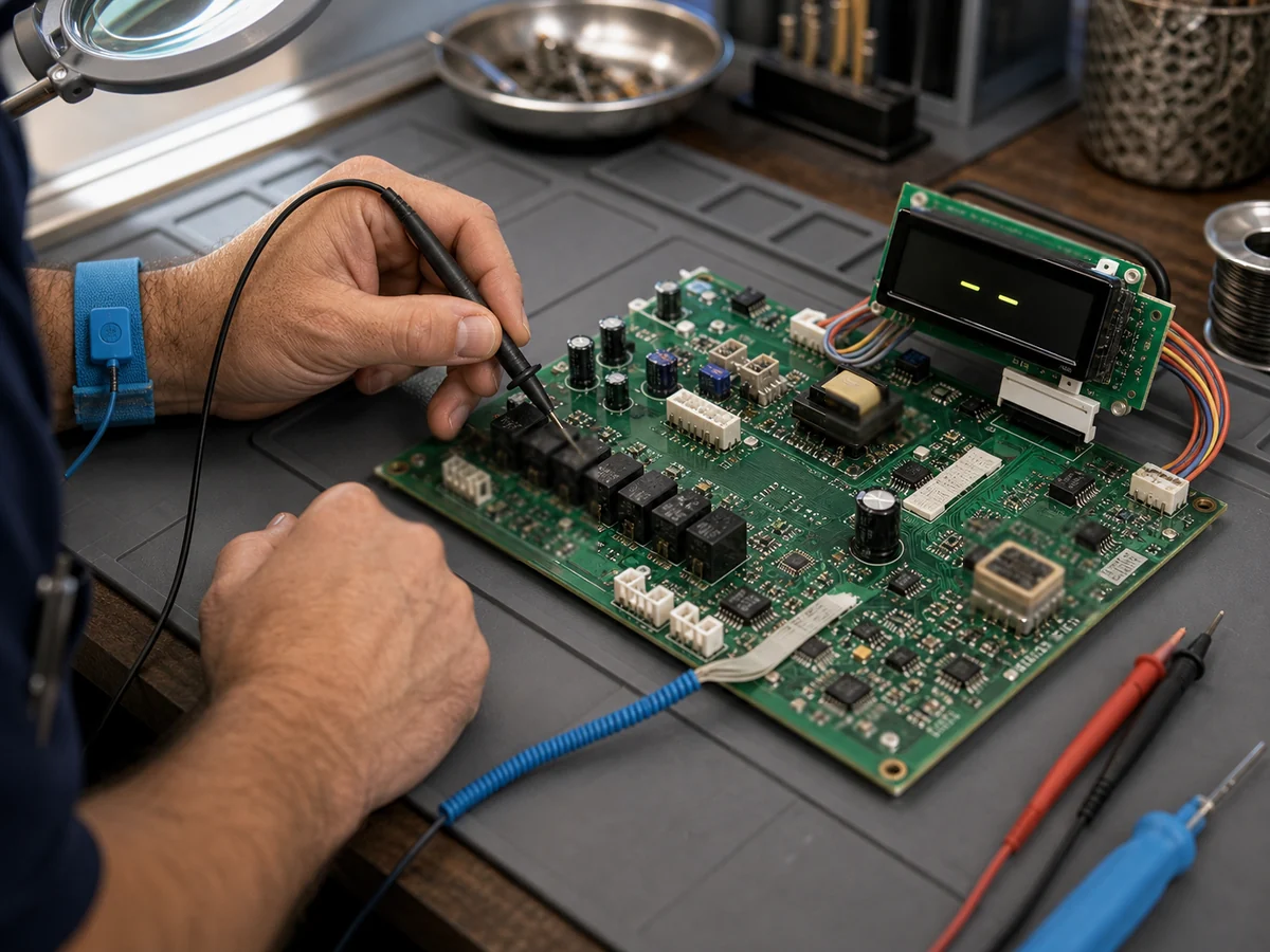 A Sub-Zero control board on the bench in Ponte Vedra Beach, where EC 50 and EC 40 excessive-run codes are read and cleared after the airflow fault is fixed