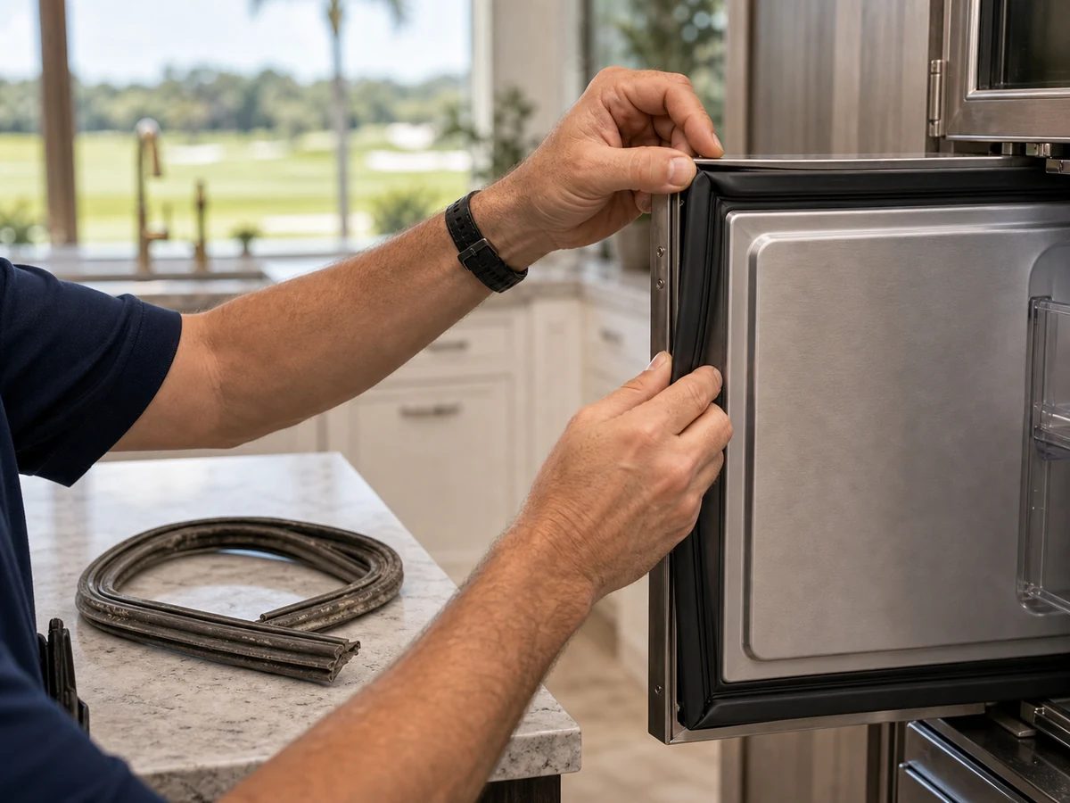 Technician seating a new OEM door gasket on a Sub-Zero built-in in a Sawgrass Country Club kitchen