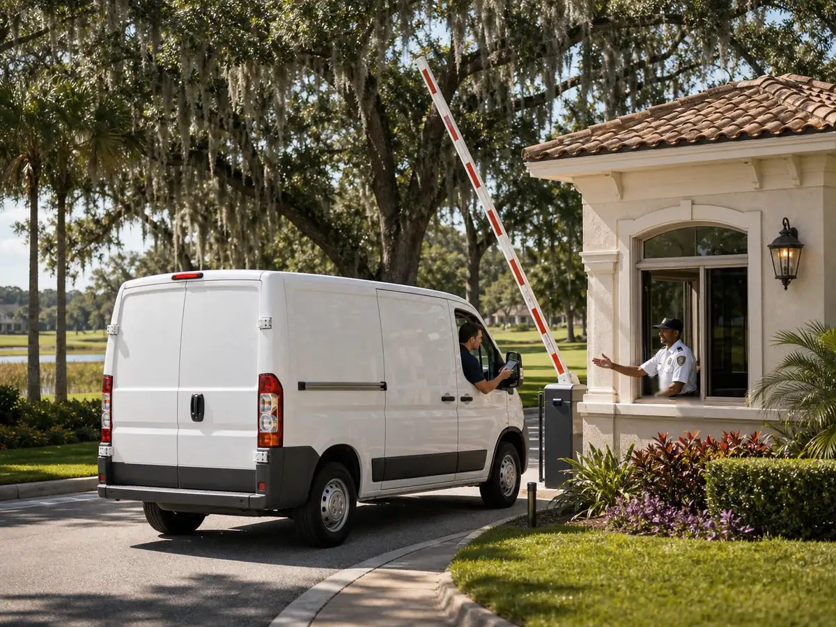 Service technician arriving at a gated Ponte Vedra Beach community through the attended gatehouse near the Players Club