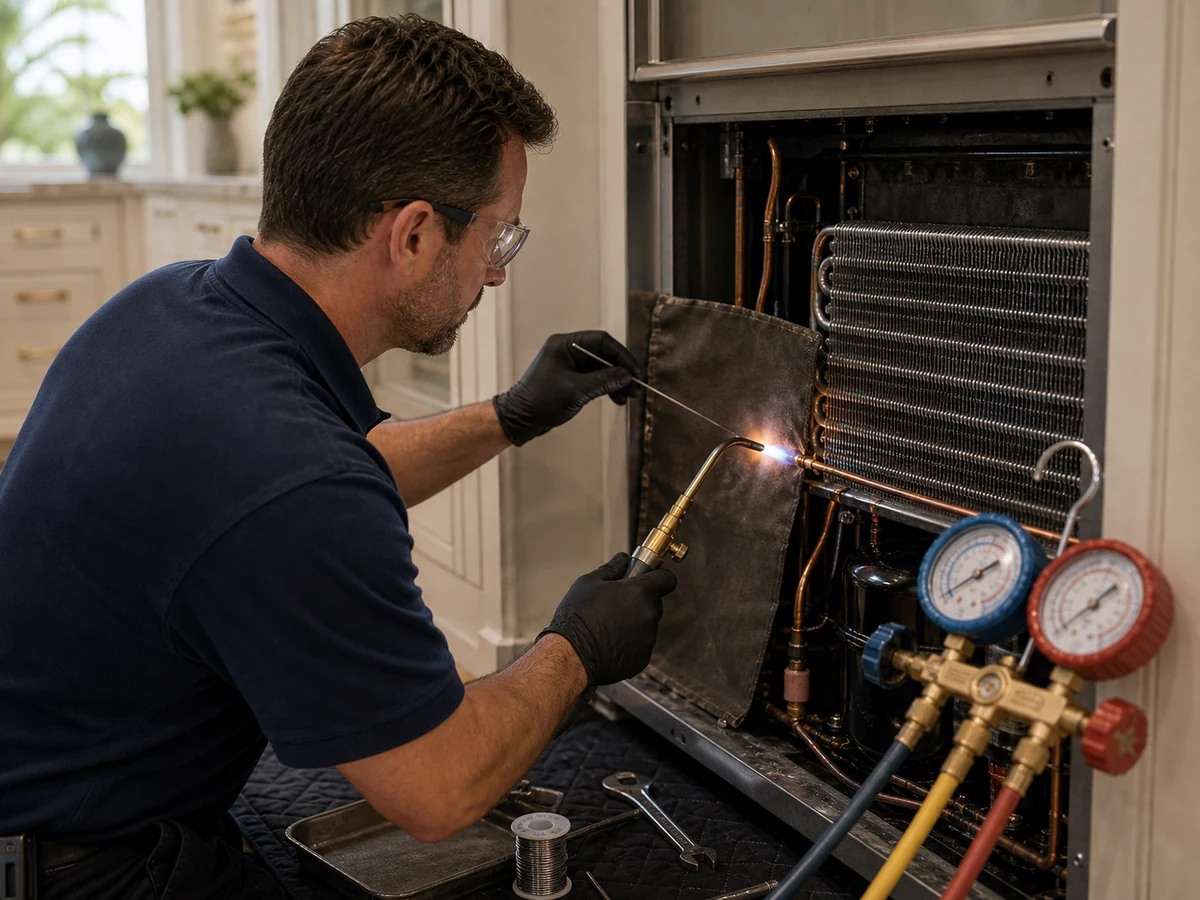 Technician brazing a Sub-Zero evaporator joint during a sealed-system repair for a Ponte Vedra Beach classic unit